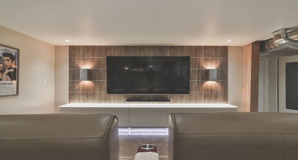 Modern media center with tv and pieces of wall art