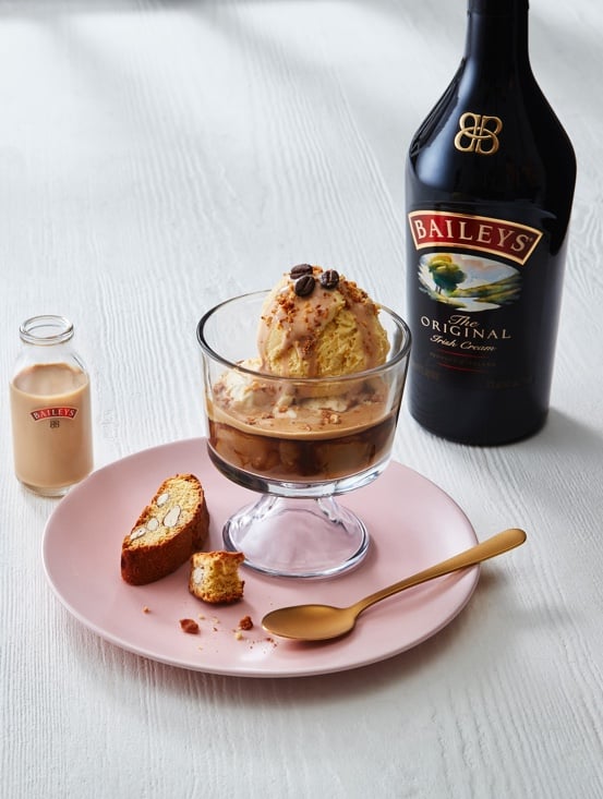 Cup with Baileys-infused affogato and a scoop of ice cream