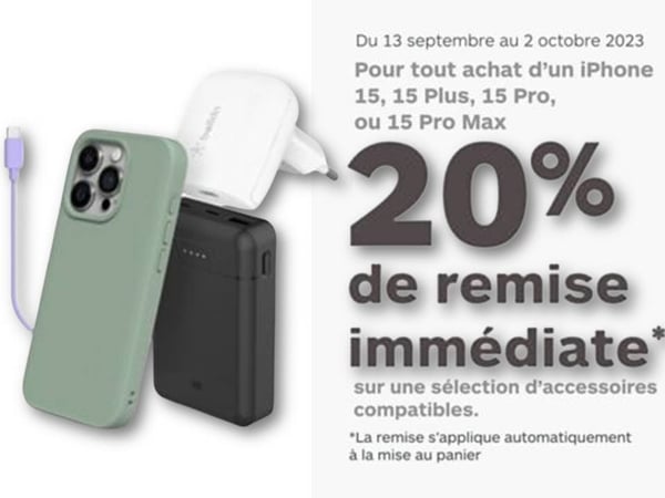 La sélection d'accessoires  à -20% chez Boulanger Bordeaux Mérignac pour la précommande de l'Iphone 15 à 14 h le 15/09 chez Boulanger Bordeaux Mérignac