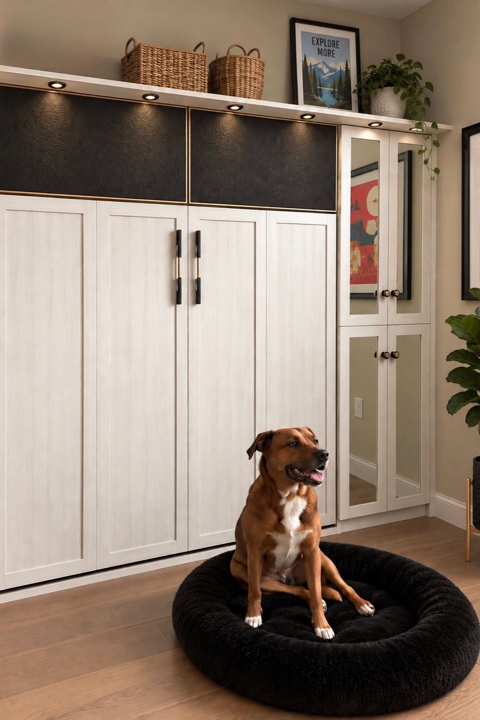 Custom built-in storage with light wood cabinetry, open shelving, integrated lighting, and decorative display space.