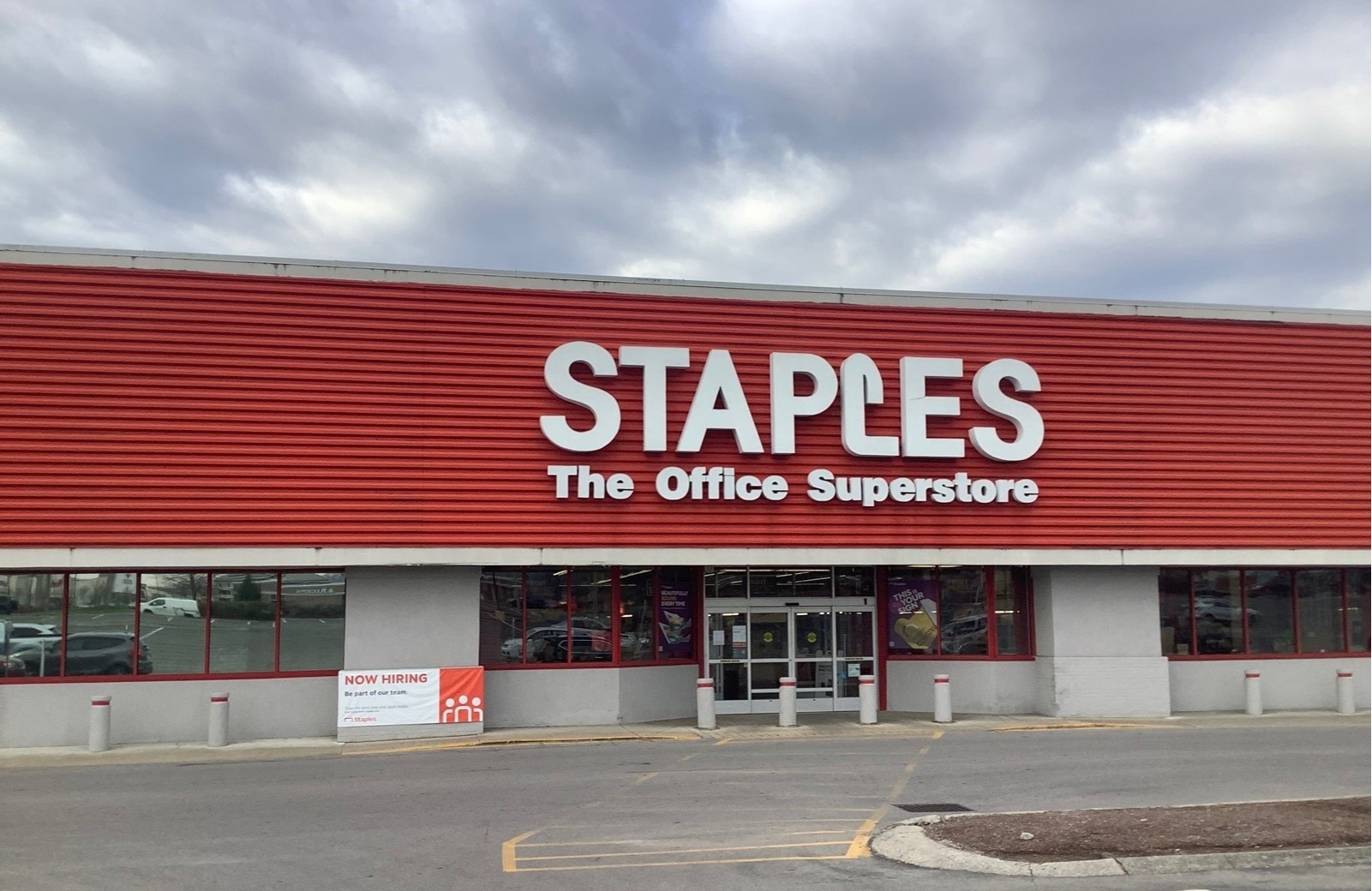 Staples office superstore sign. An American multinational office