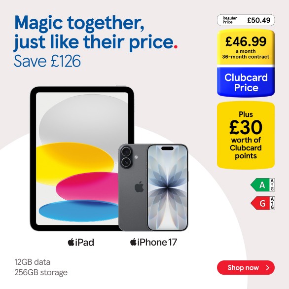 Save on iPhone deals with frozen Clubcard prices at Tesco Mobile, Shop now!