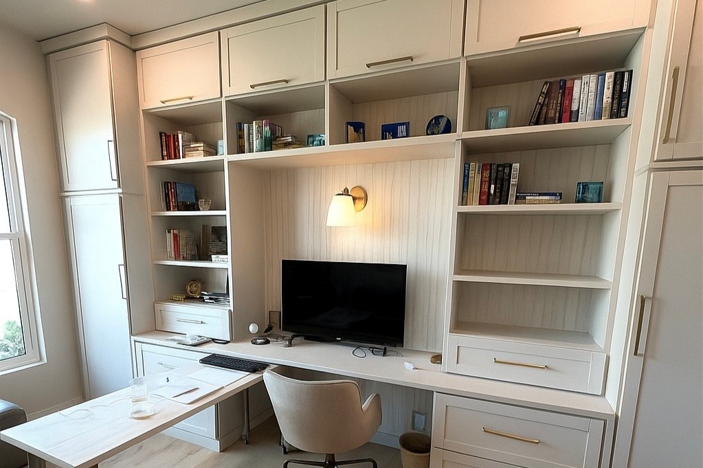 Custom home office with linen finish, Tuscan Moon backing, gold hardware, shaker fronts, and a custom rolling table with casters.