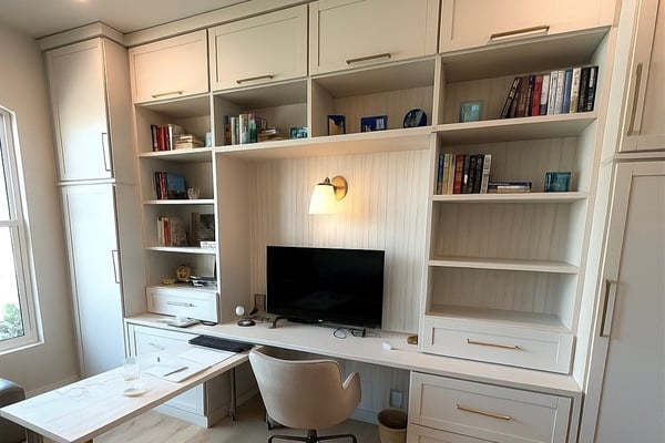 Custom home office with linen finish, Tuscan Moon backing, gold hardware, shaker fronts, and a custom rolling table with casters.