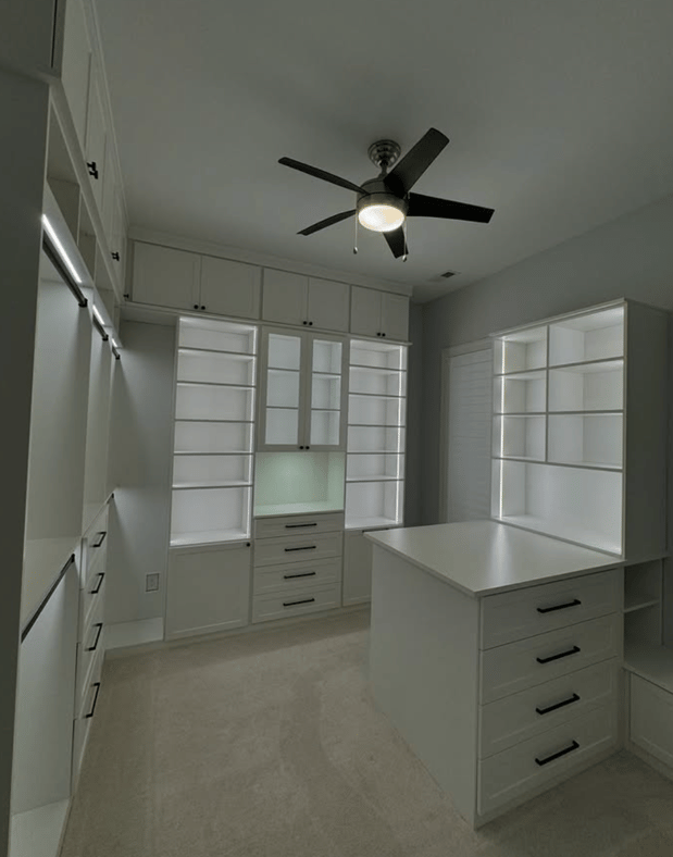 White walk-in closet with adjustable lighting.