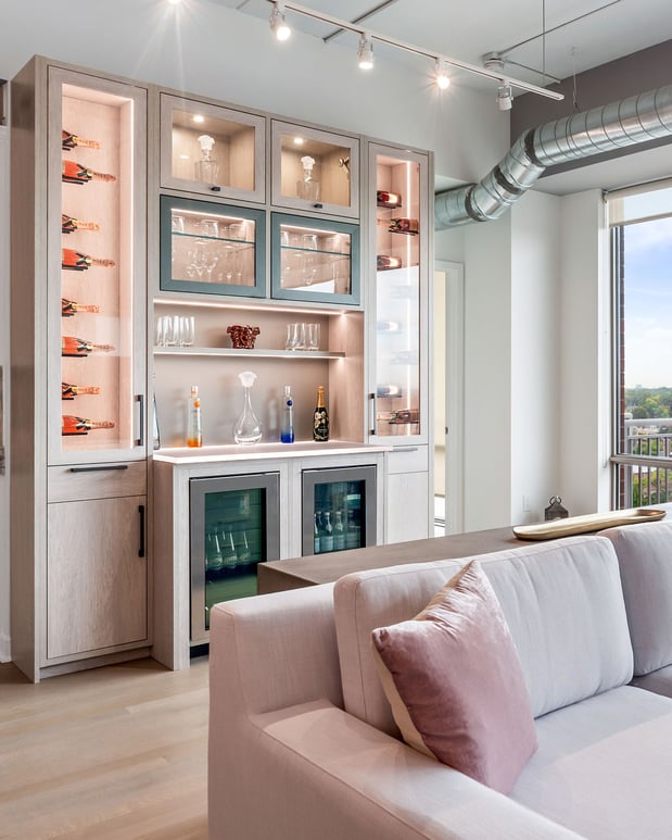 Custom Wine Bar with Lighting, Glass Doors, and Chillers