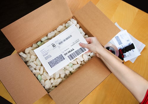 Box, packing peanuts and label