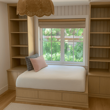 Custom built-in window seat with surrounding wood shelving, integrated drawers, cushion seating, and book storage.