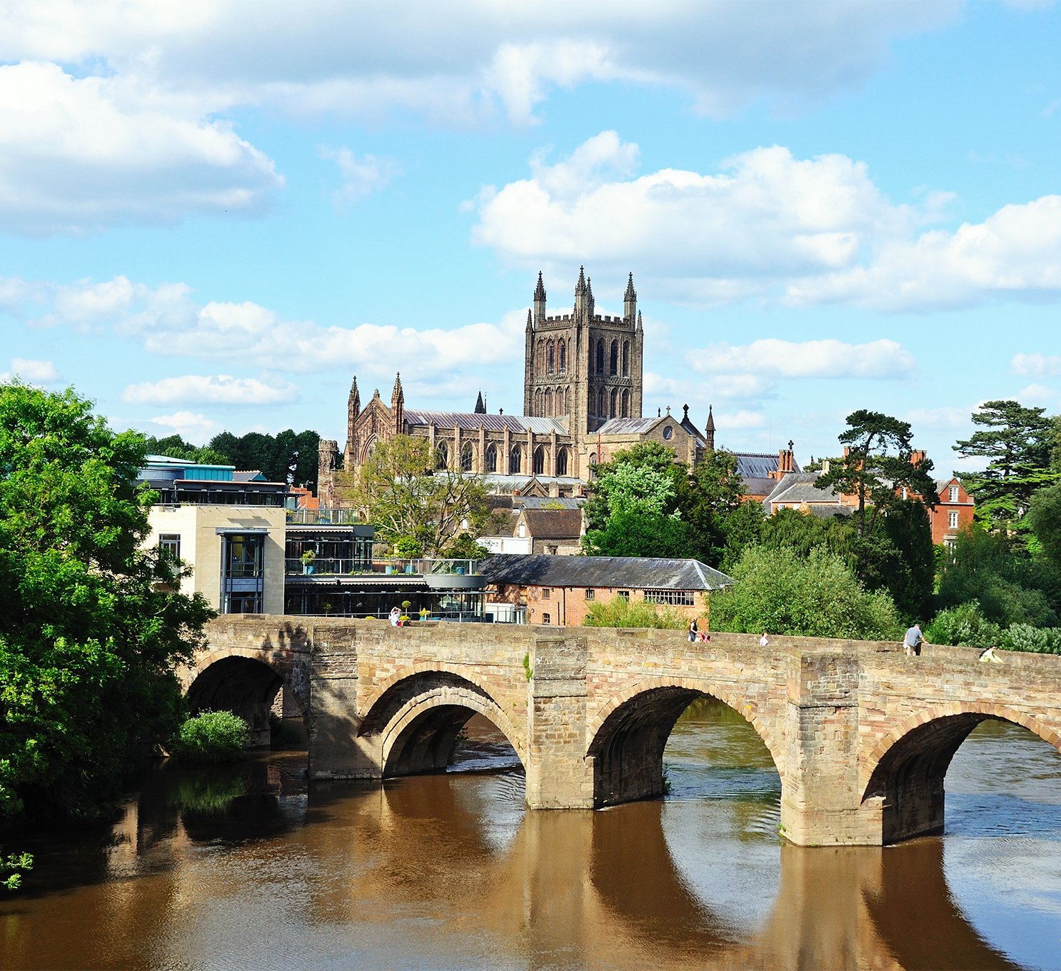 View of the Cathedral, the Wye Bridge and the River Wye in Hereford