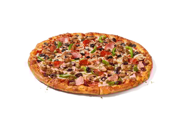 Pepperoni, ham, Italian sausage, beef, fresh onions, fresh green peppers, fresh mushrooms and black olives, all sandwiched between two layers of provolone and cheese made with 100% real mozzarella.