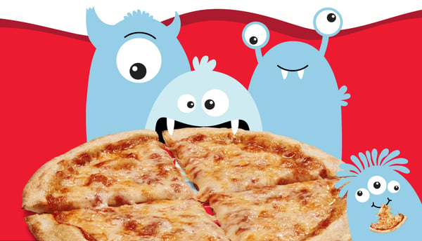 a cheese pizza is getting eaten by a group of happy smiling monsters