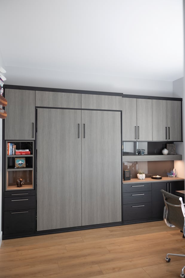 Murphy bed with built in lighting, two tone cabinetry offering plenty of storage