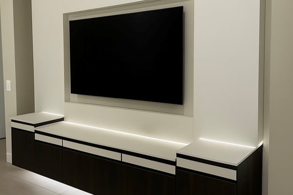 Custom media center in cappuccino and bianco finishes with gold hardware, Everstyle drawers, and backlit chroma countertops.