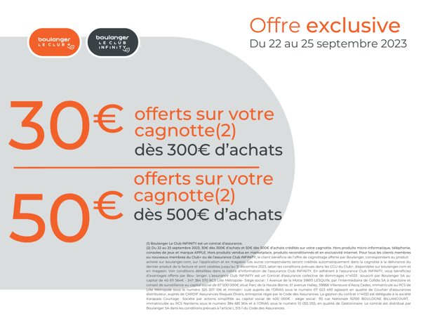30€ ou 50€ offerts sur votre cagnottage dès 300€ ou 500€ d'achats - Boulanger Compiègne