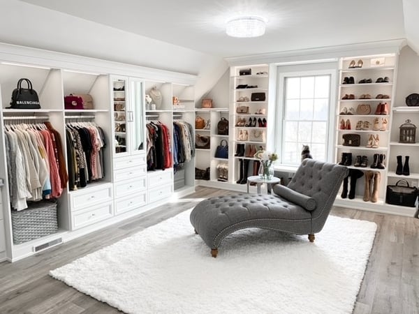 Luxury walk in closet with a variety of storage solutions for both clothes and accessories by California Closets Pittsburgh in Pittsburgh, Pennsylvania. Closet organization with closet organizers in an expert crafted closet system.