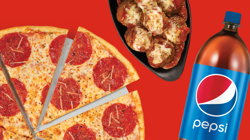XL Bundle with an XLNY take n bake pepperoni pizza, meatballs & marinara, and a 2-liter Pepsi product.