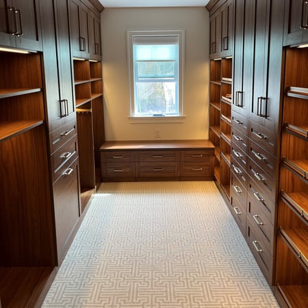 Walk-in closet with shelving and drawer storage