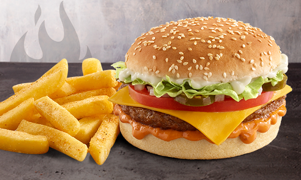 A Classic Burger with Famous Hand-Cut chips from Steers® , against a purple and grey background.