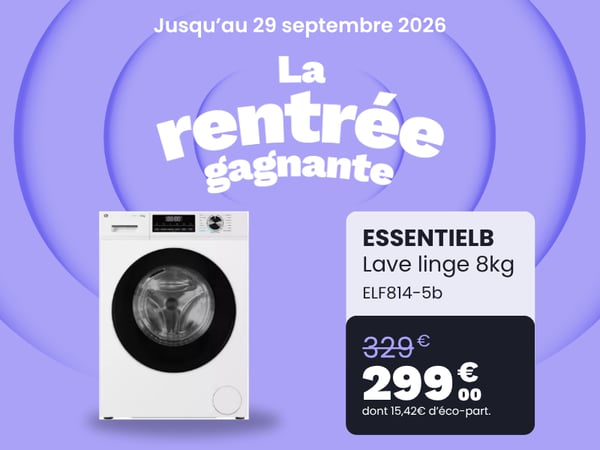 Lave linge Essentielb 8kg, Machine a laver pas cher, Lave linge hublot 8kg, Machine a laver étudiant, Essentielb ELF814-5b, Promo lave linge boulanger, Electromenager pas cher, Lave linge petit prix, Premier appartement electromenager, La rentrée gagnante Boulanger