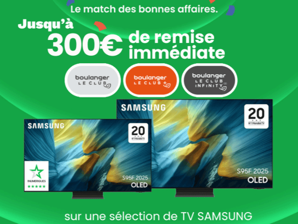 Du 06 au 21 mai 2026, jusqu'à 300€ de remise immédiate sur une sélection de TV Samsung dans votre magasin Boulanger sarcelles !